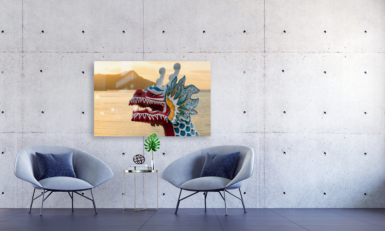 Dragon head carving on Hawaiian canoe in Oahu Reproduction