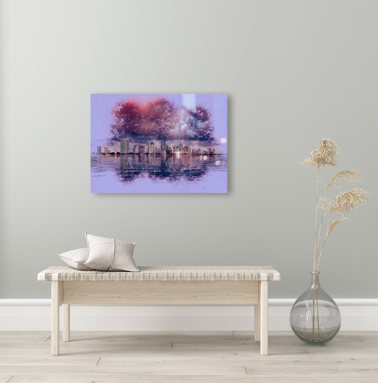 Dawn view of Miami Skyline reflected in water Reproduction