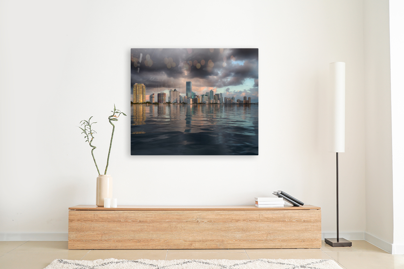 Dawn view of Miami Skyline reflected in water Reproduction