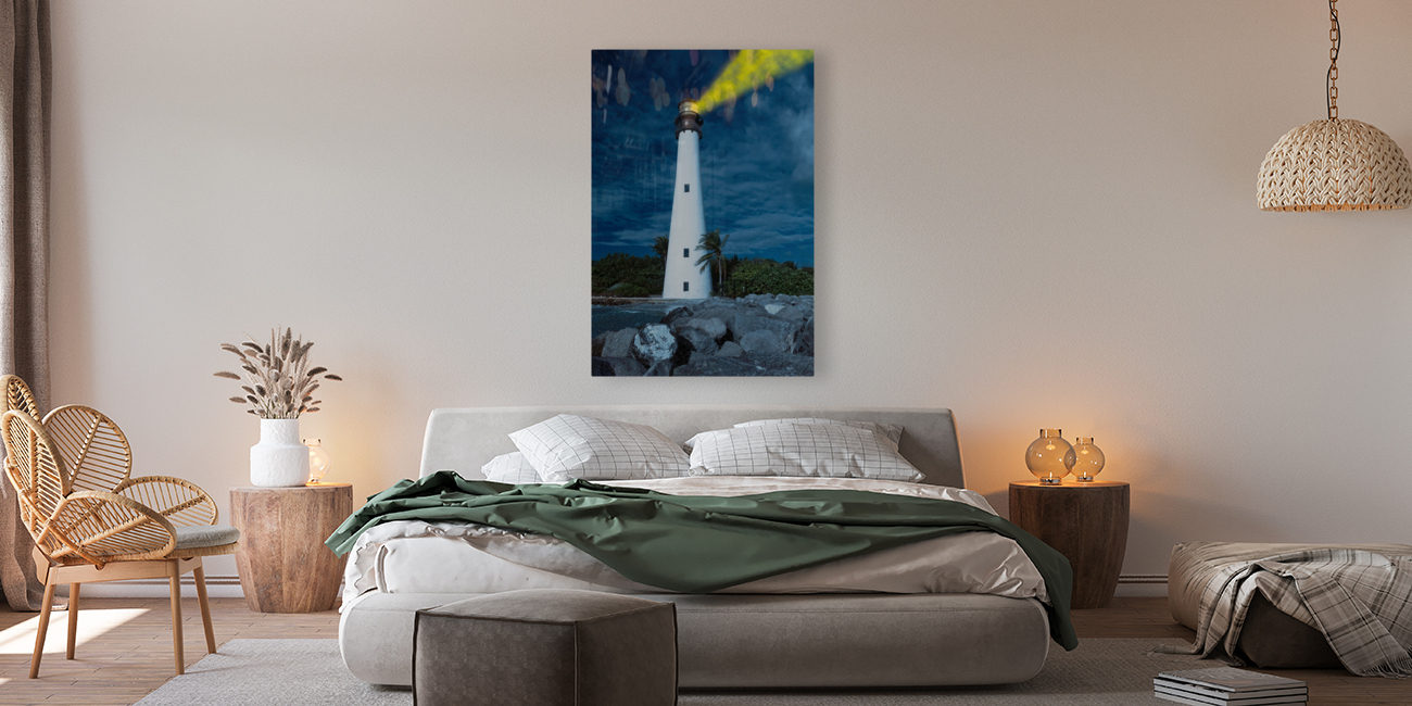 Cape Florida lighthouse in Bill Baggs at night with lights Reproduction