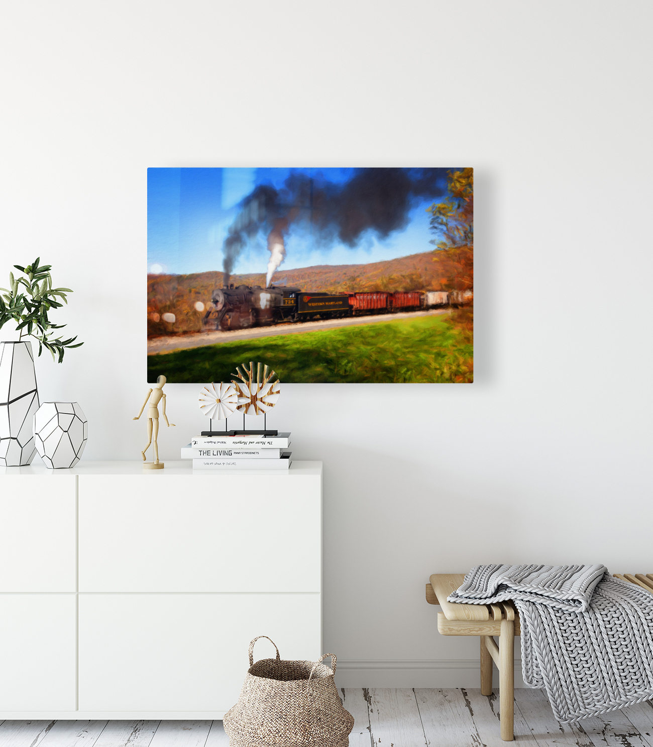 Pastel WMRR Steam train powers along railway Reproduction