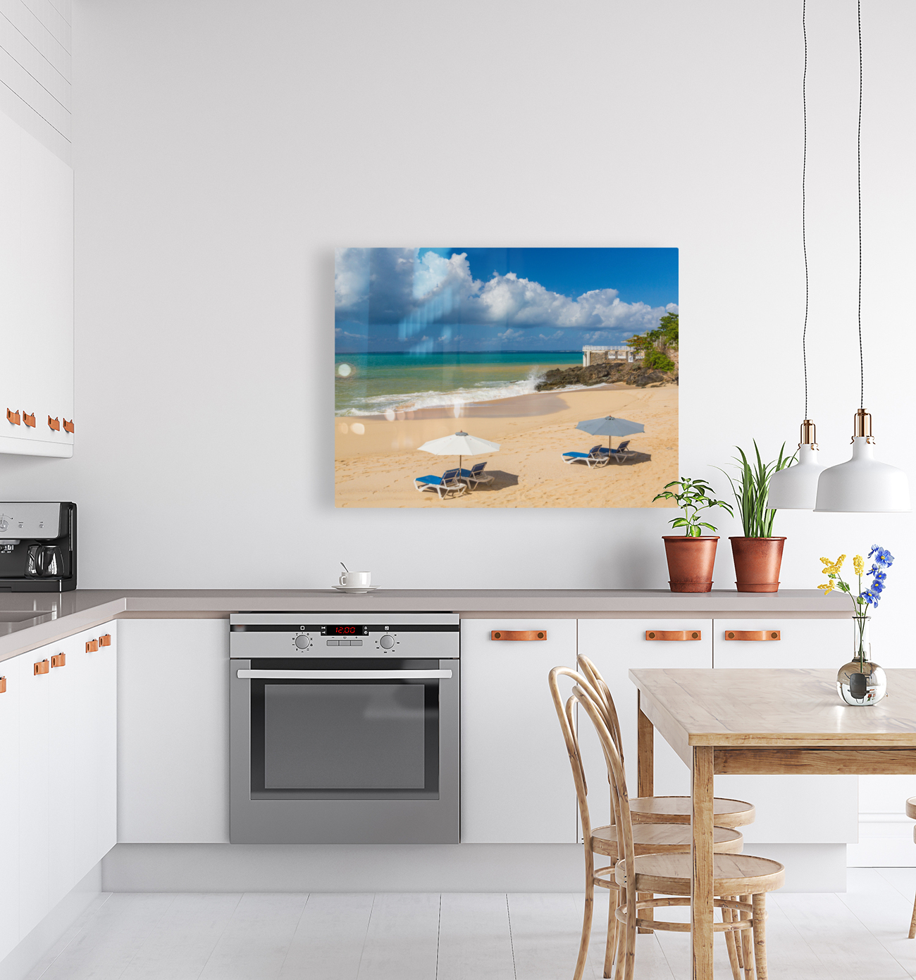 Reclining chairs and umbrella on Baie Rouge Reproduction