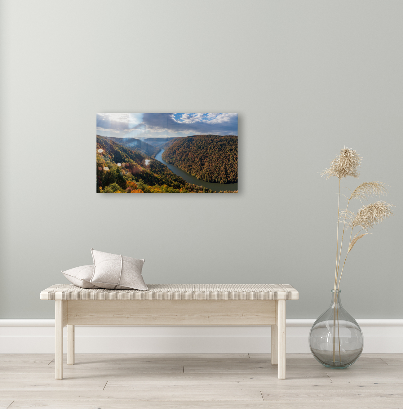  Dramatic sunrise over Cheat River in West Virginia with fall colors Reproduction