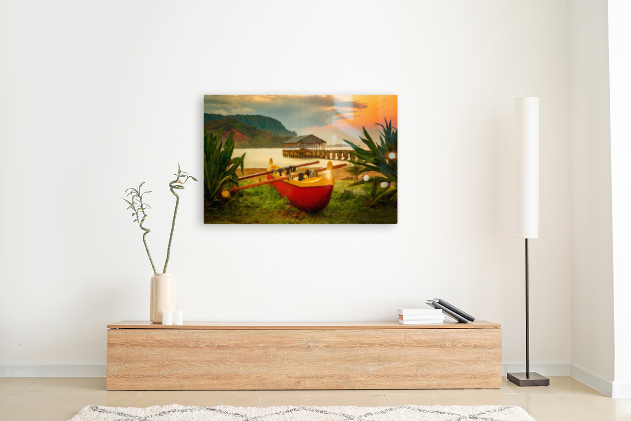 Painting of Hawaiian canoe by Hanalei Pier Reproduction