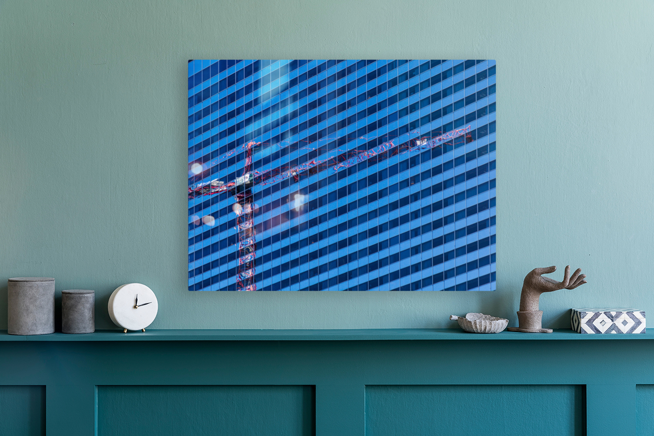 Reflection of crane in Chicago windows Reproduction