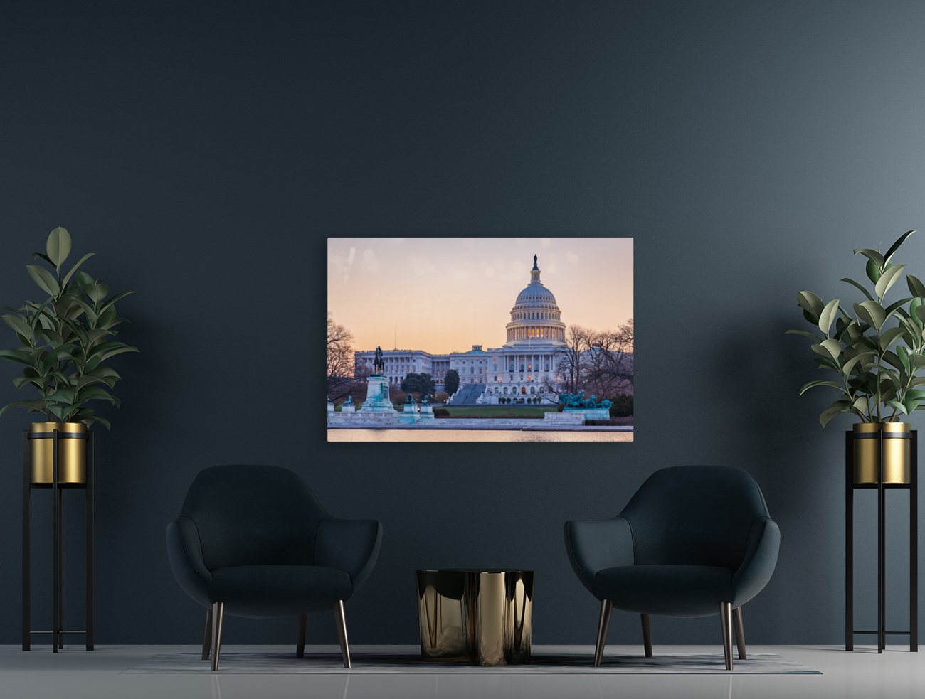 Sunrise behind the dome of the Capitol Reproduction
