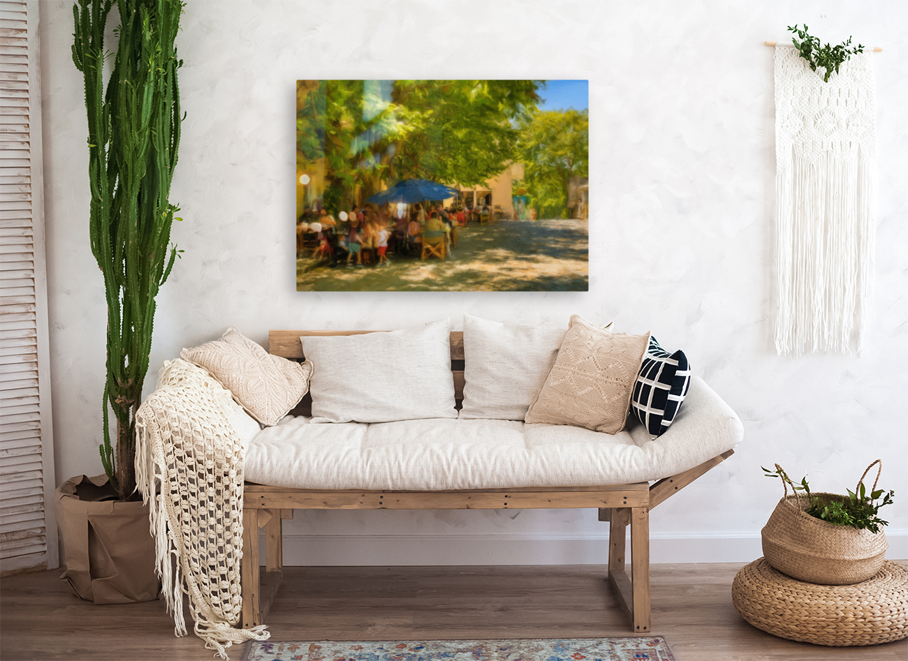 Oil painting of town square cafe in Colonia del Sacramento Reproduction