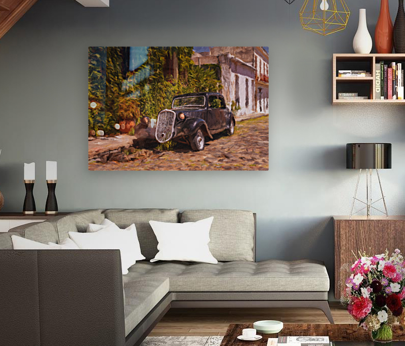 Oil painting of old car in Colonia del Sacramento Reproduction