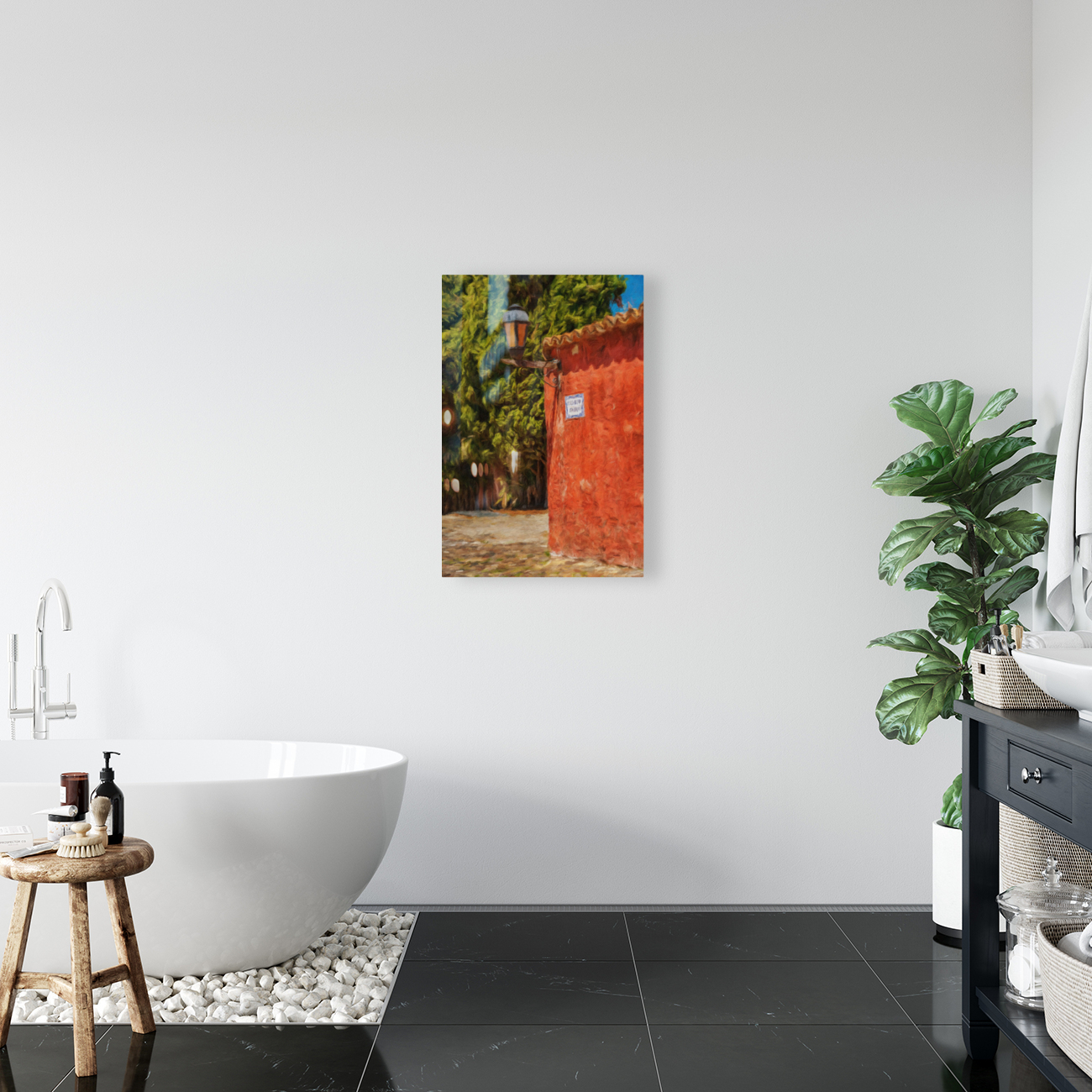 Oil painting of street lantern in Colonia del Sacramento Reproduction