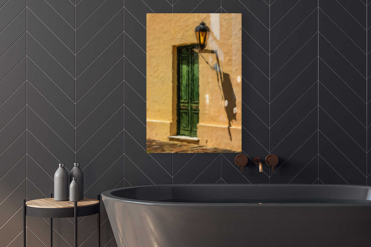 Oil painting of green door in Colonia del Sacramento Reproduction