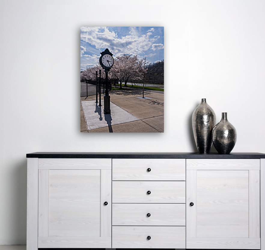 Old fashioned clock by the bike walking trail over Deckers Creek Reproduction