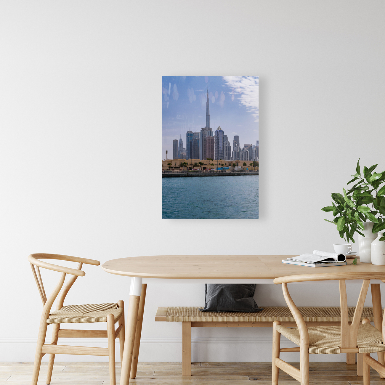 Low rise homes in front of modern apartments of Dubai Downtown d Reproduction