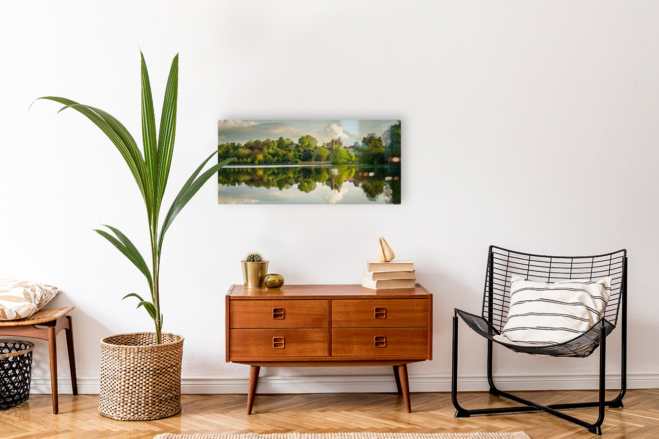 Panorama across the Mere to the town of Ellesmere in Shropshire Reproduction