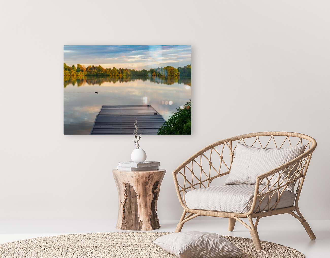 View across the Ellesmere Mere to a clear reflection of distant  Reproduction