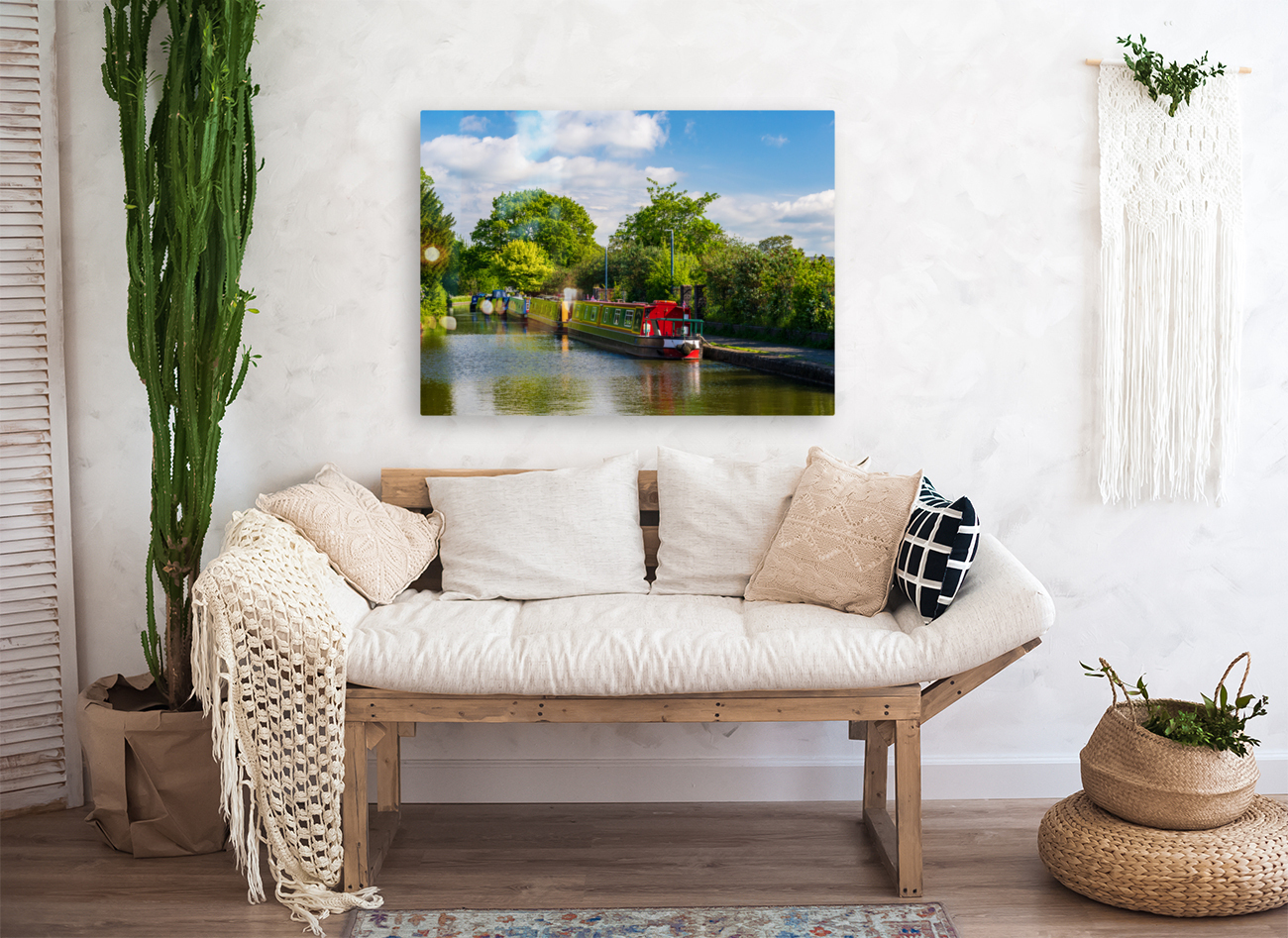 Colorful canal narrowboats in Ellesmere in Shropshire Reproduction