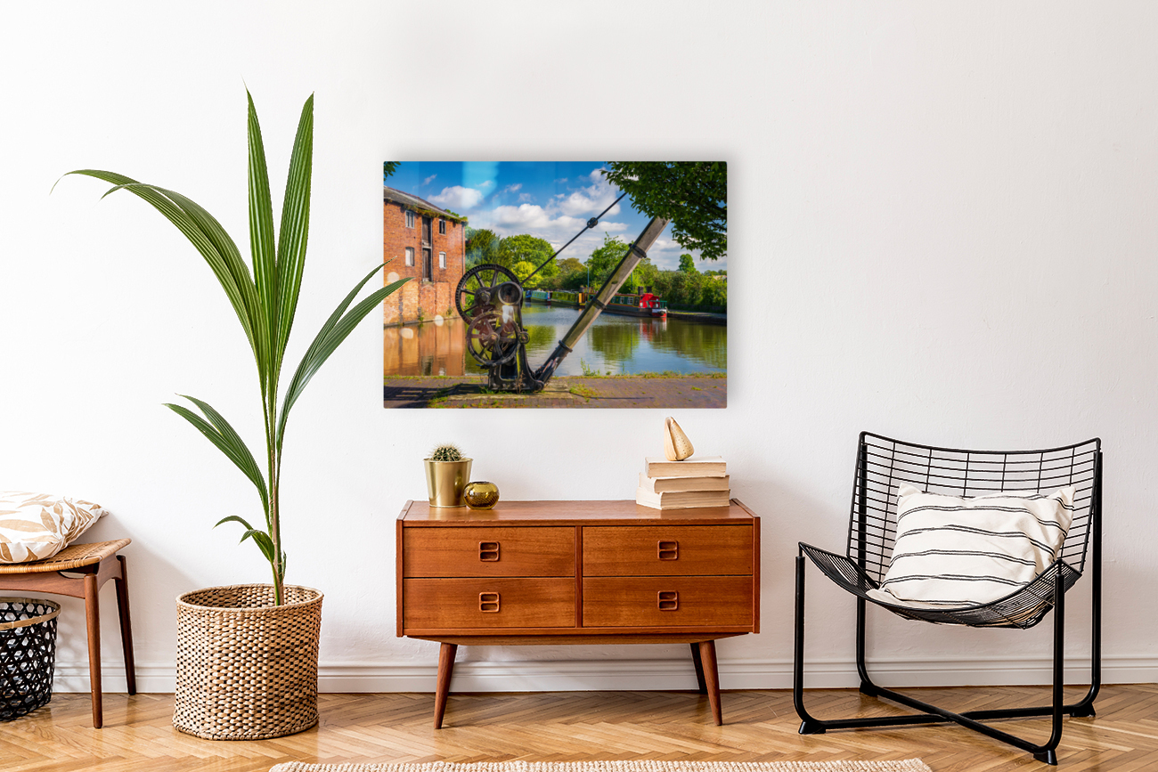 Colorful canal narrowboats in Ellesmere in Shropshire Reproduction