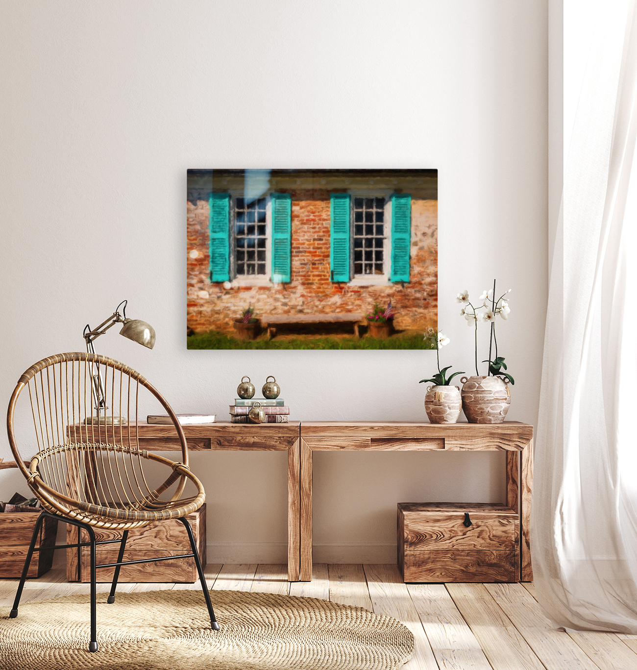 Painting of blue shutters against a white painted brick wall in  Reproduction