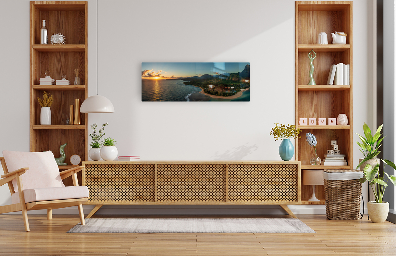 Aerial panorama of sunrise over Tunnels Beach Kauai Hawaii Reproduction