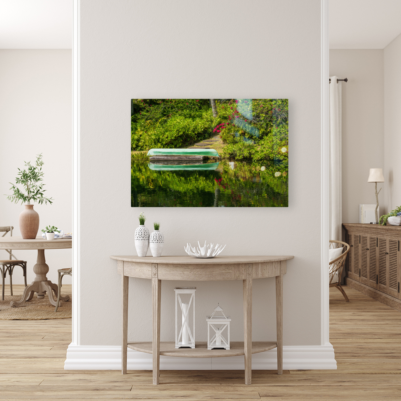 Green canoe on dock reflecting into calm lake or pond in garden Reproduction