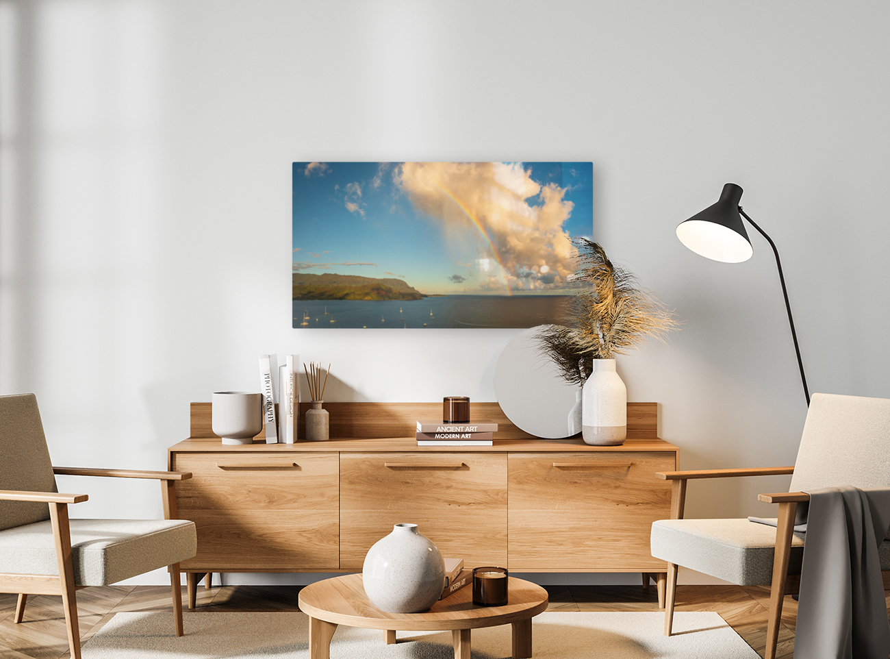 Rainbow over Hanalei bay in panorama across the ocean Reproduction