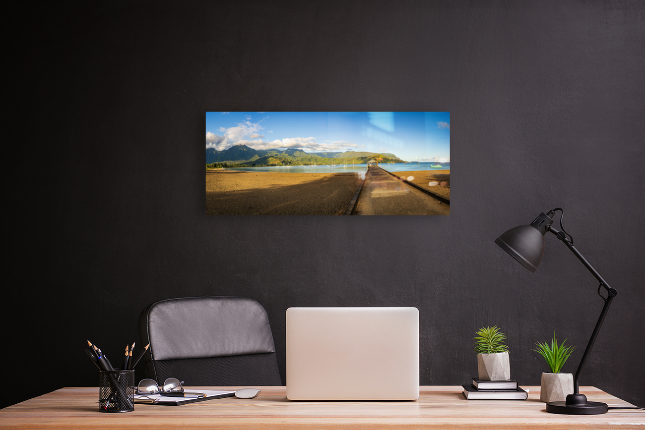 Panorama of the sandy beach and Hanalei Pier at sunrise Reproduction
