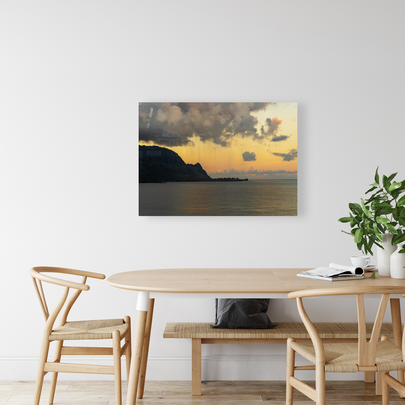 Sunrise over Hanalei bay with silhouette of north shore peaks Reproduction