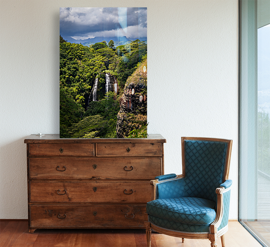 Opaekaa Falls sunlit as dark storm clouds gather over the hills Reproduction