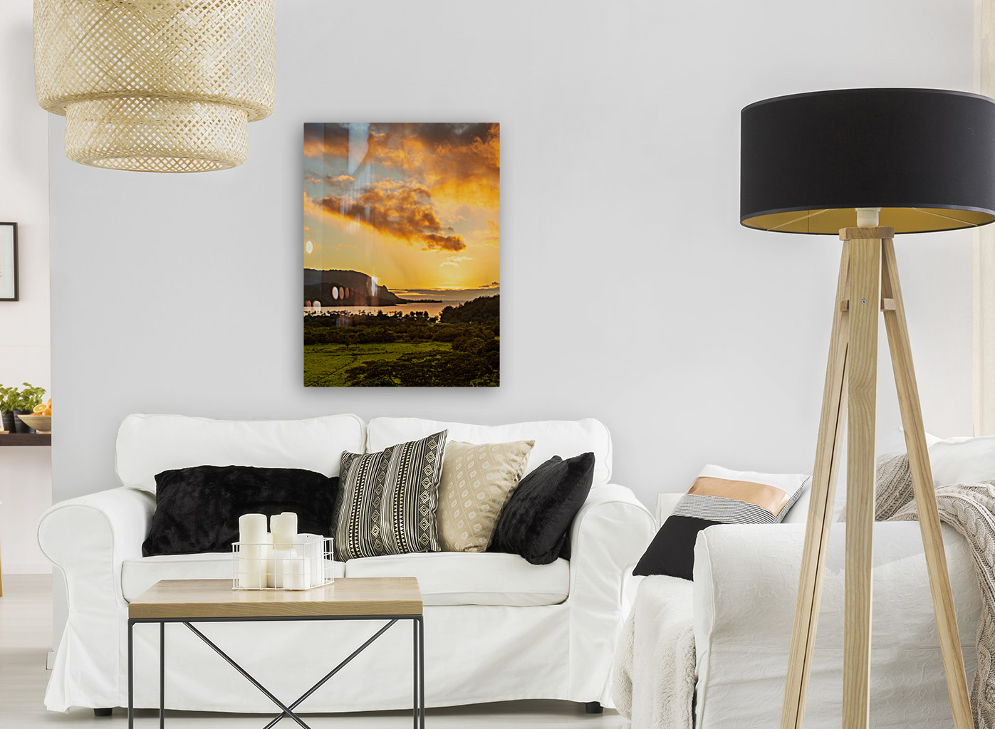 Sunset over Hanalei bay from overlook on the road Reproduction