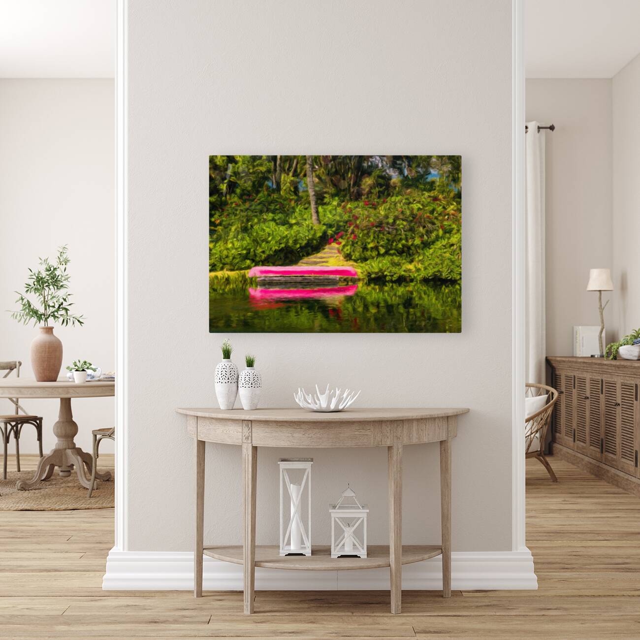 Red canoe on dock reflecting into calm lake in oil painting Reproduction