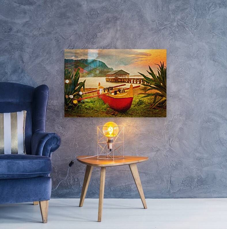 Painting of Hawaiian canoe by Hanalei Pier Reproduction
