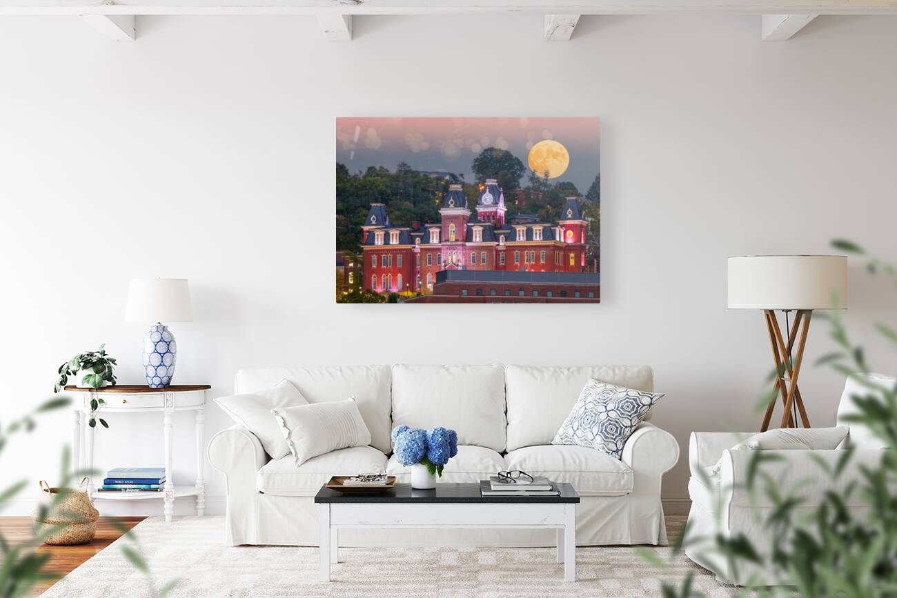 Moonrise over illuminated Woodburn Hall at WVU Morgantown Reproduction