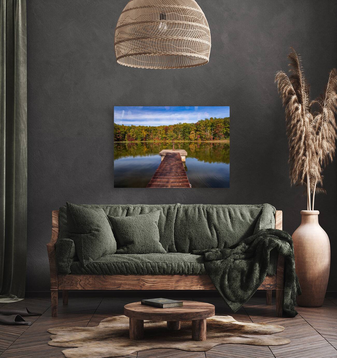 Fall leaves and metal pier in Coopers Rock State Forest in WV Reproduction