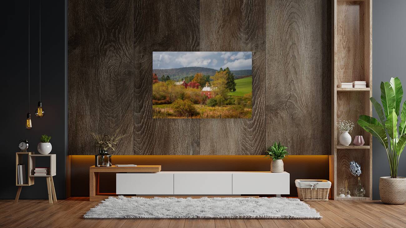 Historic red barn and farm nestled in fall colors in West Virgin Reproduction