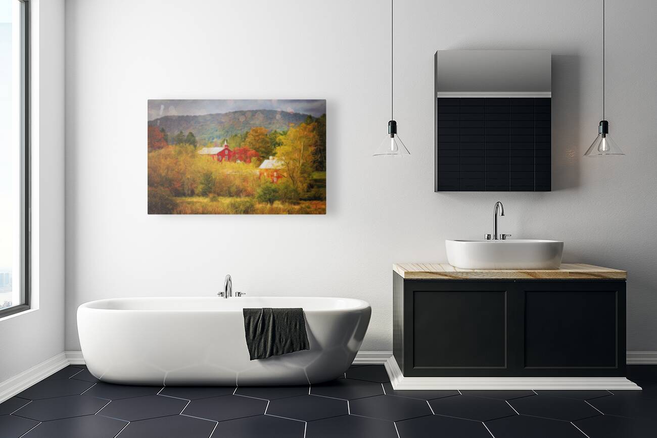 Painting of historic red barn nestled in fall colors in West Vir Reproduction