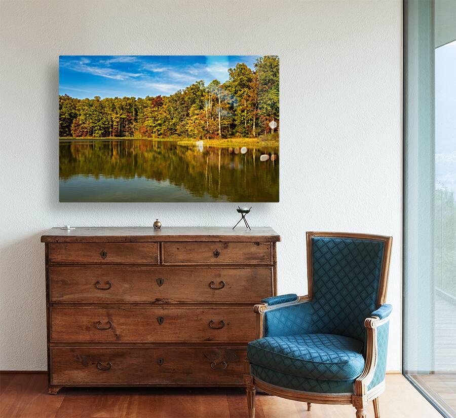 Fall leaves surround reservoir in Coopers Rock State Forest in W Reproduction