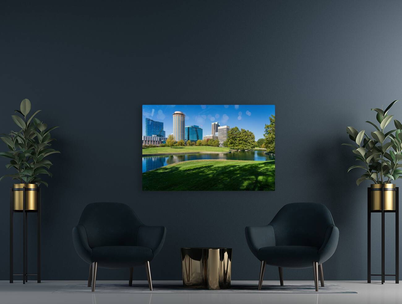 Offices and cityscape of St Louis Missouri seen from lake Reproduction