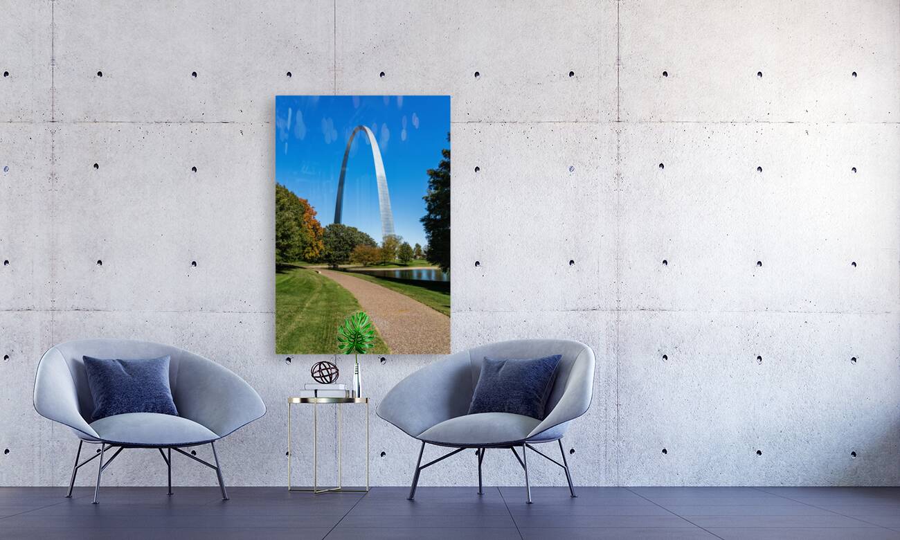Gateway Arch of St Louis Missouri from the park and lake Reproduction