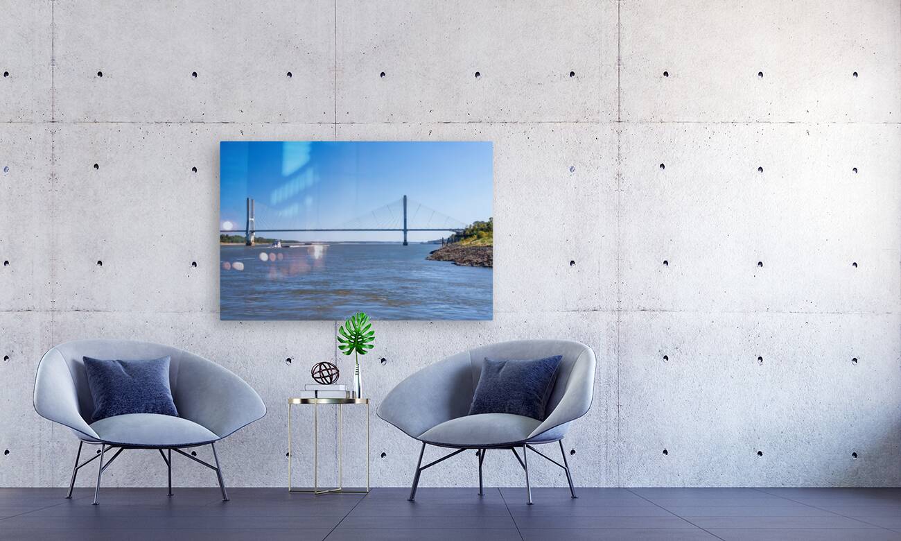 Modern Greenville bridge across the Mississippi to Arkansas with Reproduction