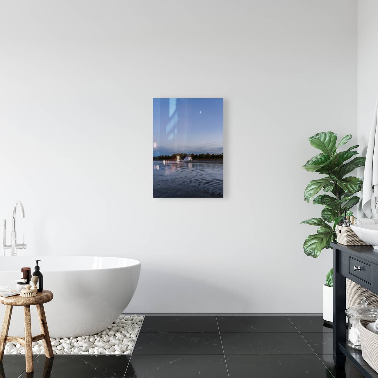 Freight barges on Mississippi river at dusk with moon Reproduction