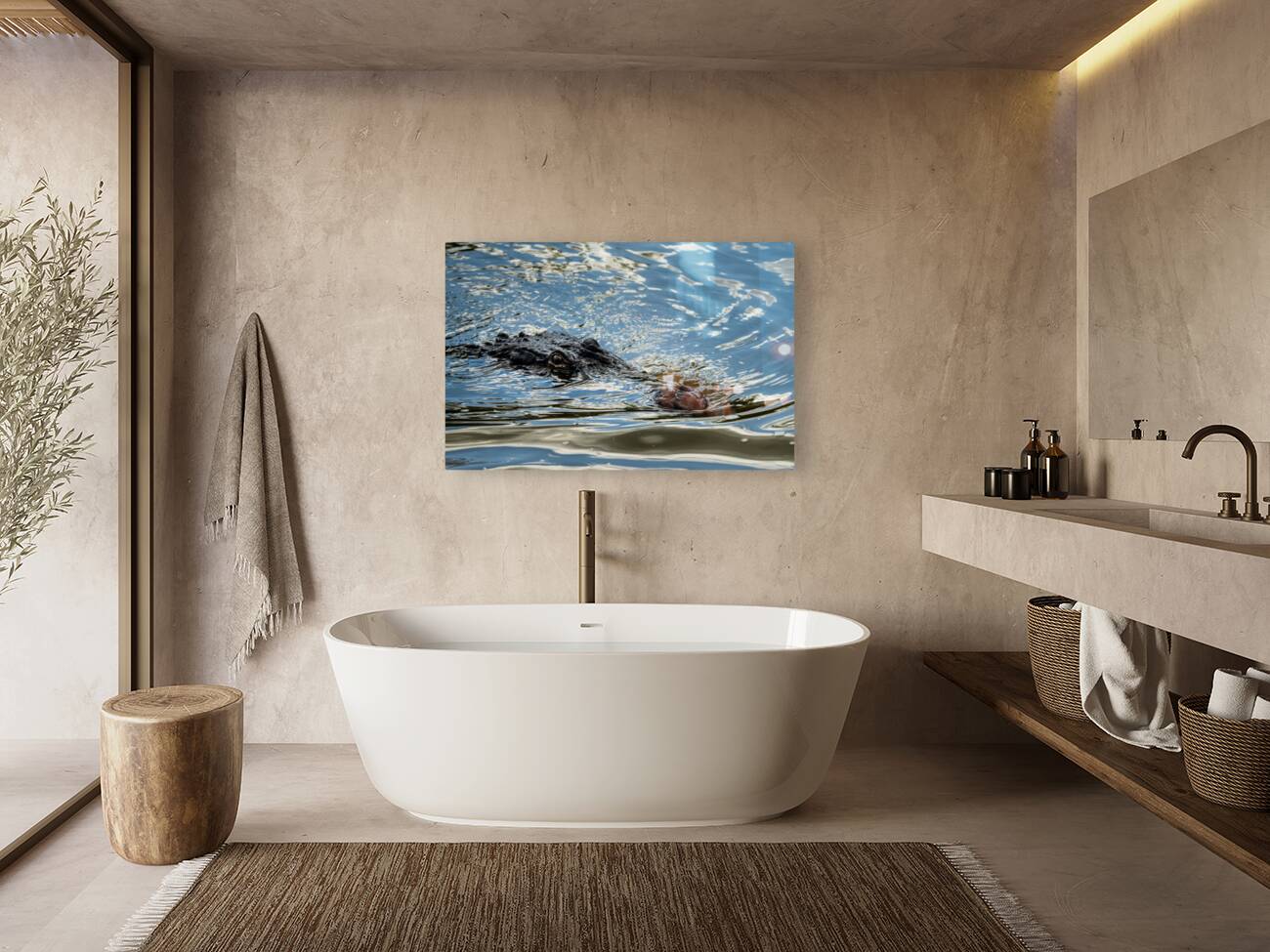 American alligator head in calm waters of Atchafalaya Reproduction