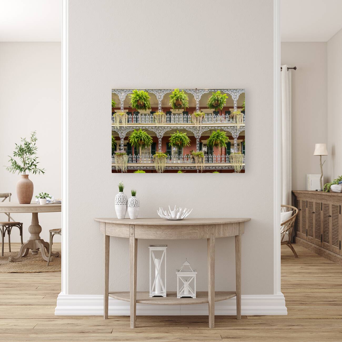 Traditional wrought iron balcony on brick New Orleans house Reproduction