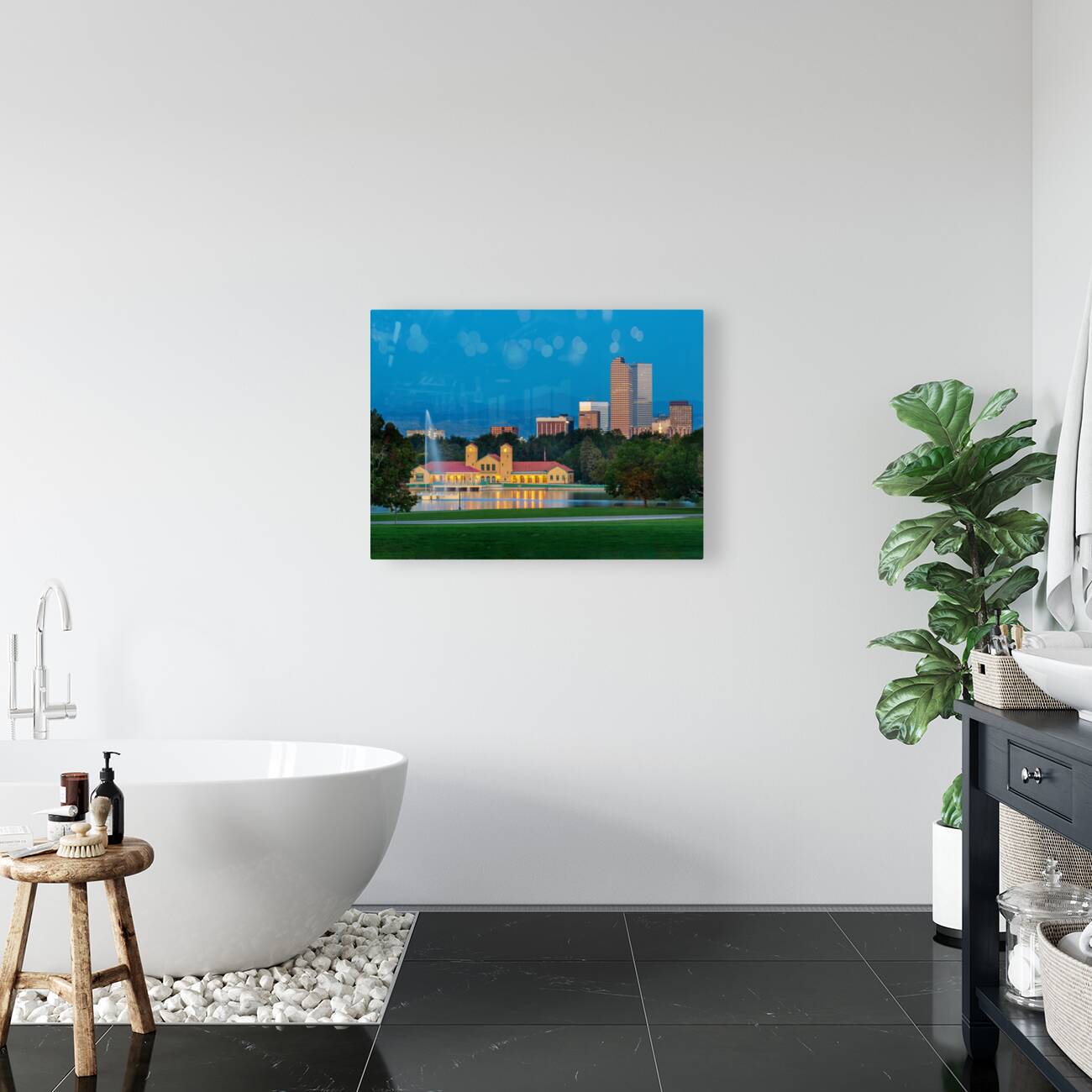 Skyline of Denver at dawn from City Park with boathouse Reproduction