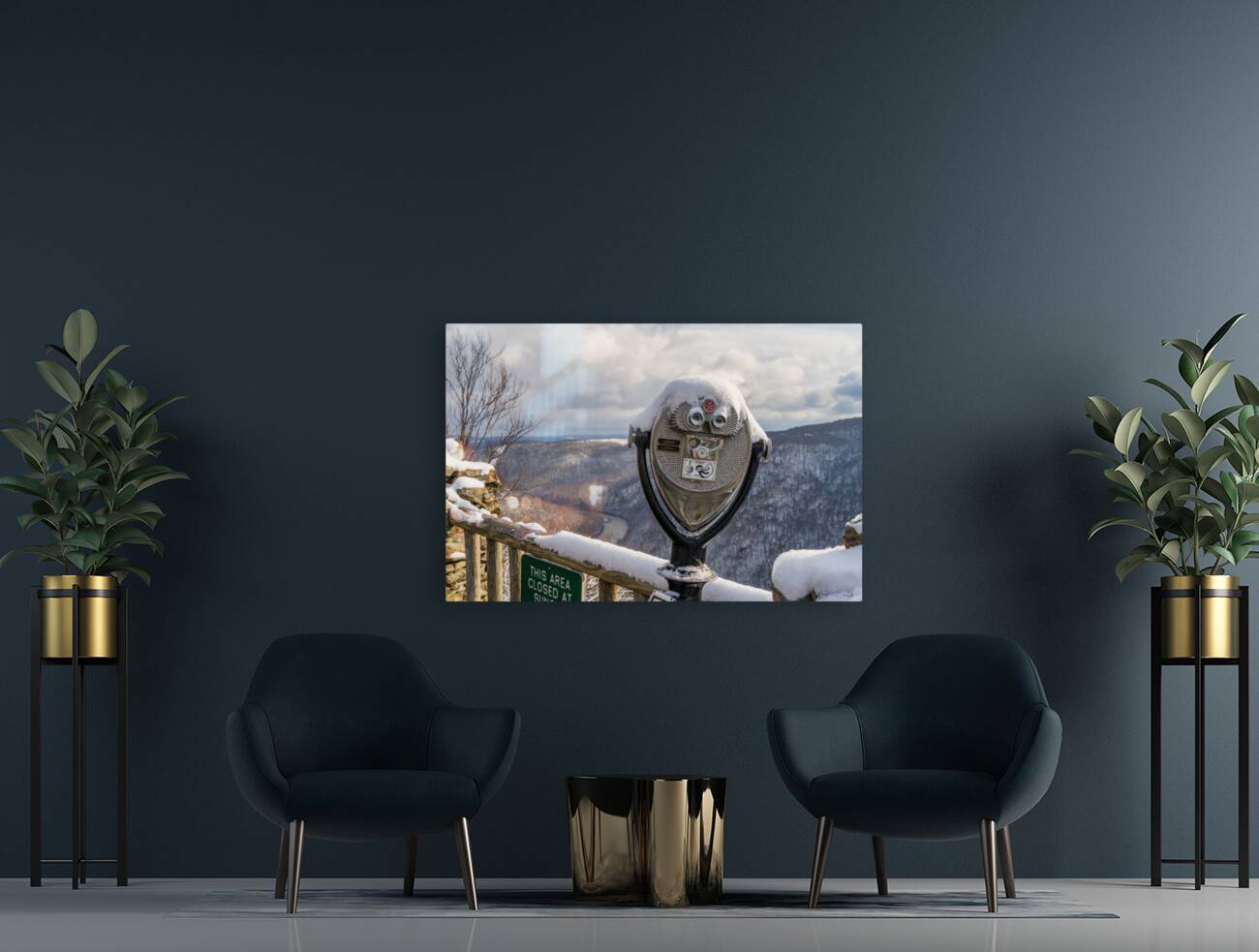 Binoculars on Coopers Rock overlook on snowy day Reproduction