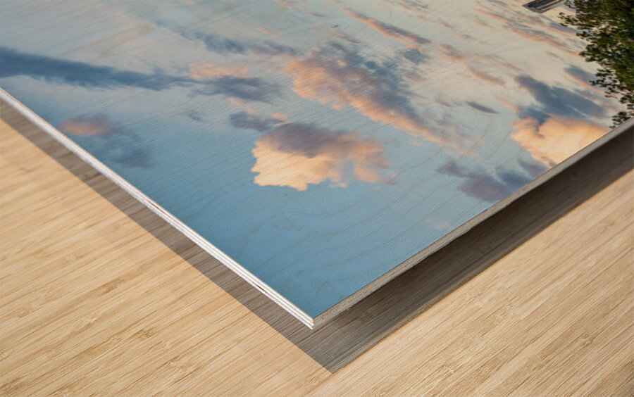 View of the Austin skyline at sunset over Barton Springs swimmin Wood print