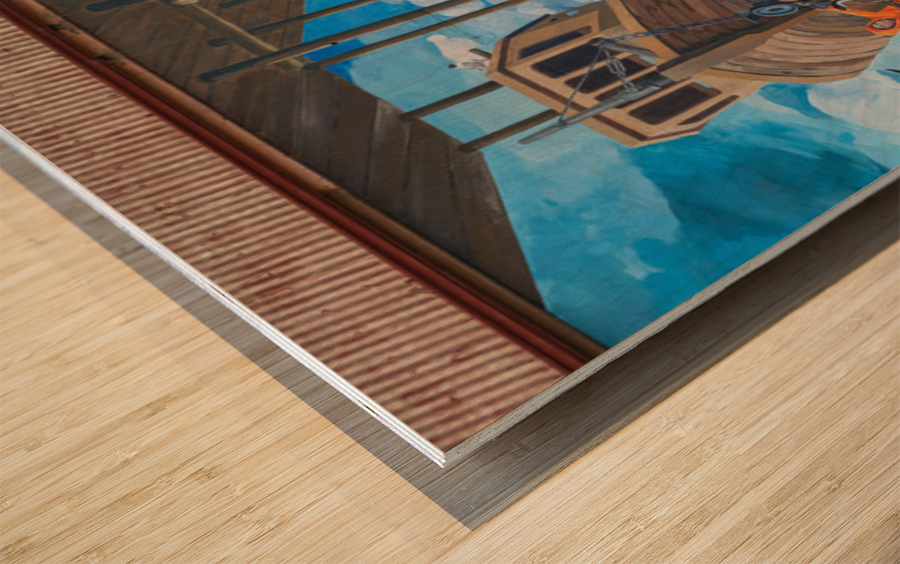 Wall mural of busy port on building in Punta Arenas in Chile Wood print