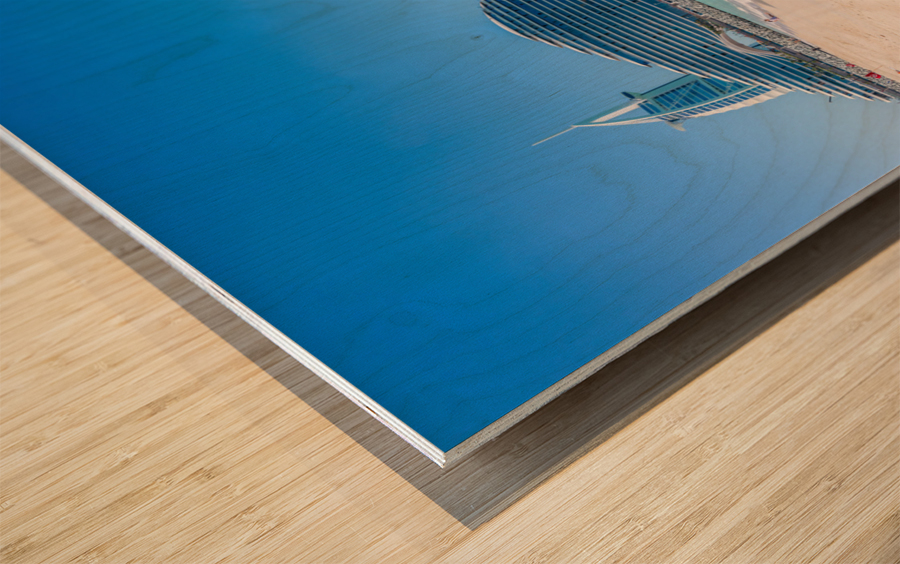 Iconic Burj al Arab behind newly constructed Marsa al Arab hotel Wood print