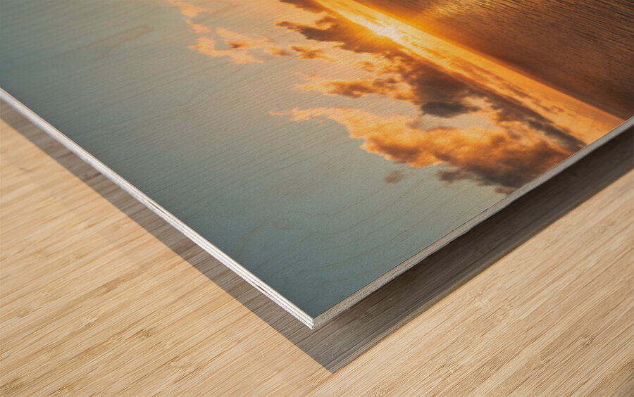 Aerial panorama of sunrise over Tunnels Beach Kauai Hawaii Wood print