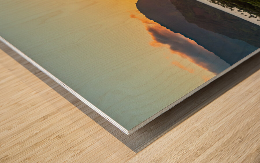 Sunset over Hanalei bay from overlook on the road Wood print