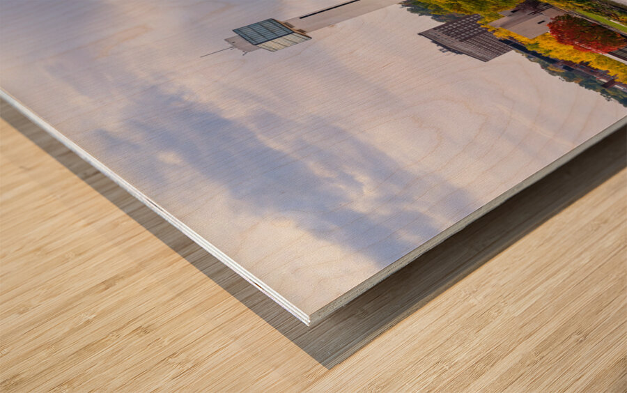 Cityscape of downtown area of Moline Illinois from I-74 bridge Wood print