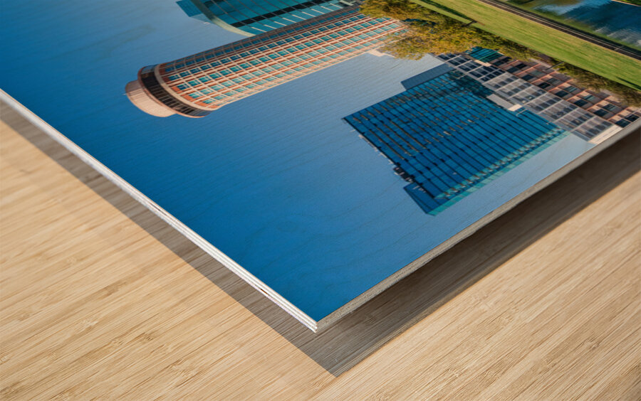 Offices and cityscape of St Louis Missouri seen from lake Wood print